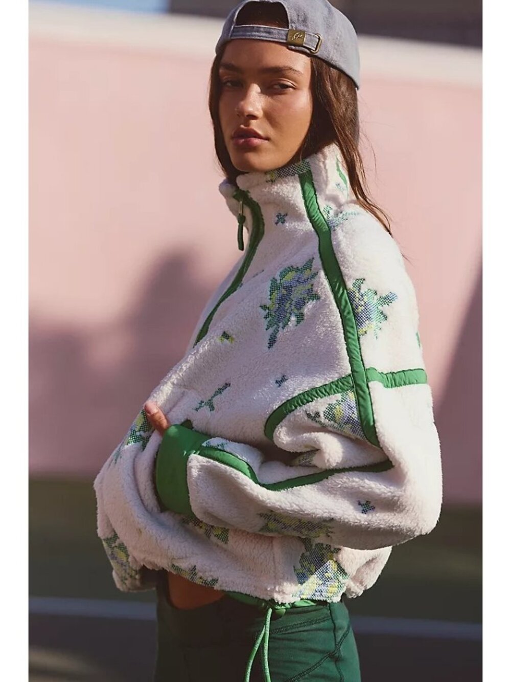 Free People Mountain High Half Zip Fleece Embroidered Floral Gorpcore Womens S